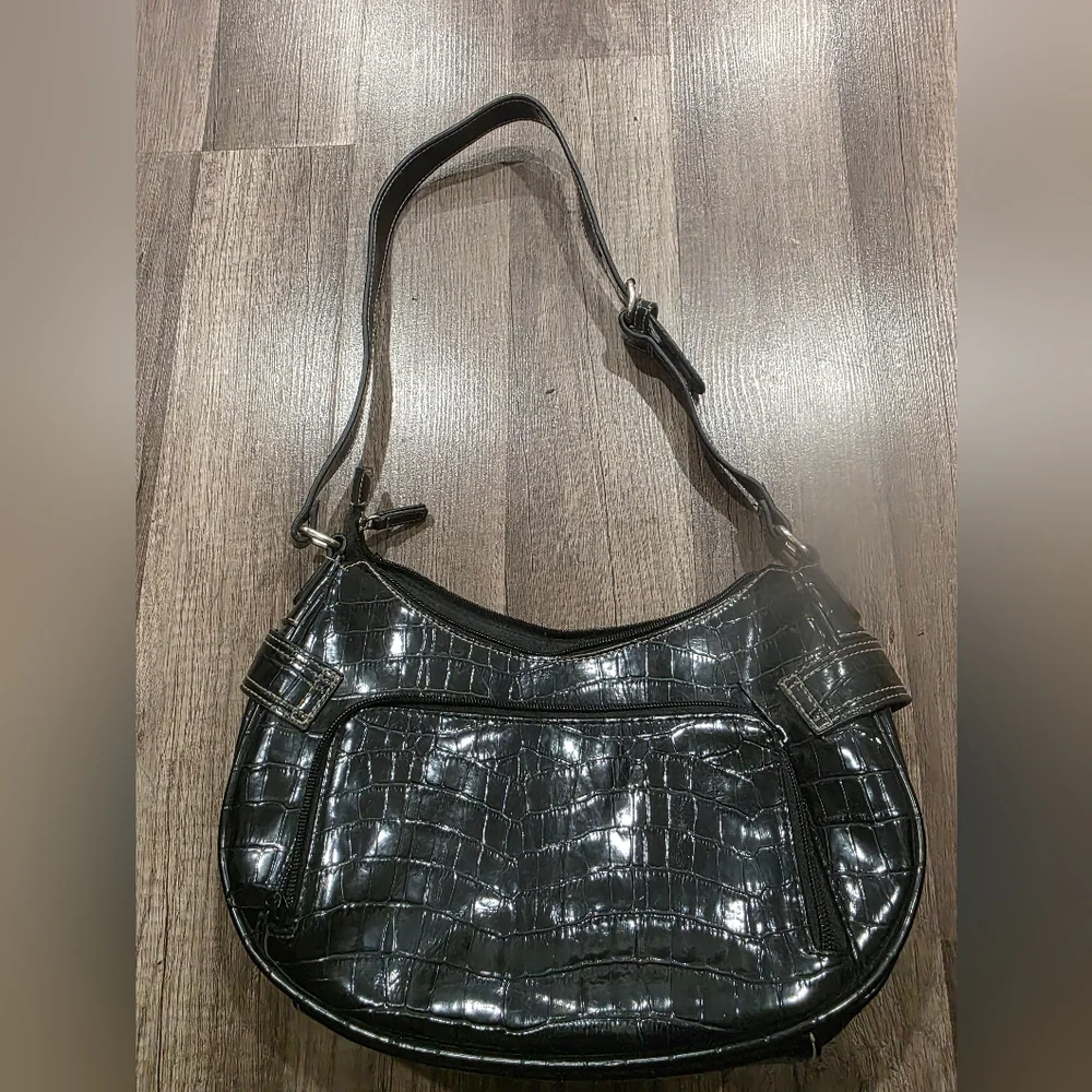 ROSETTI Y2K CROC EMBOSSED BLACK LUNE CROISSANT BAG Shoulder Preppy 2000s Shiny